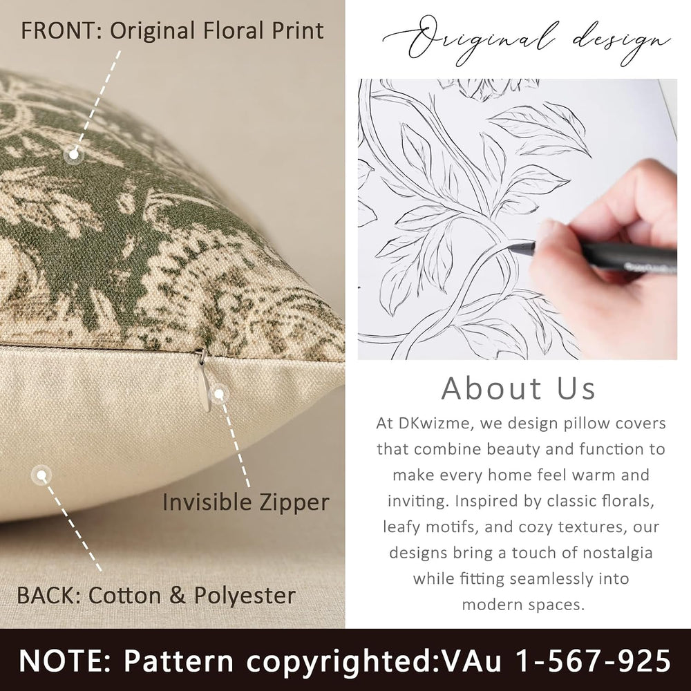 Vintage Floral Print Throw Pillow Covers 24x24 Set of 2 Neutral Modern Farmho...