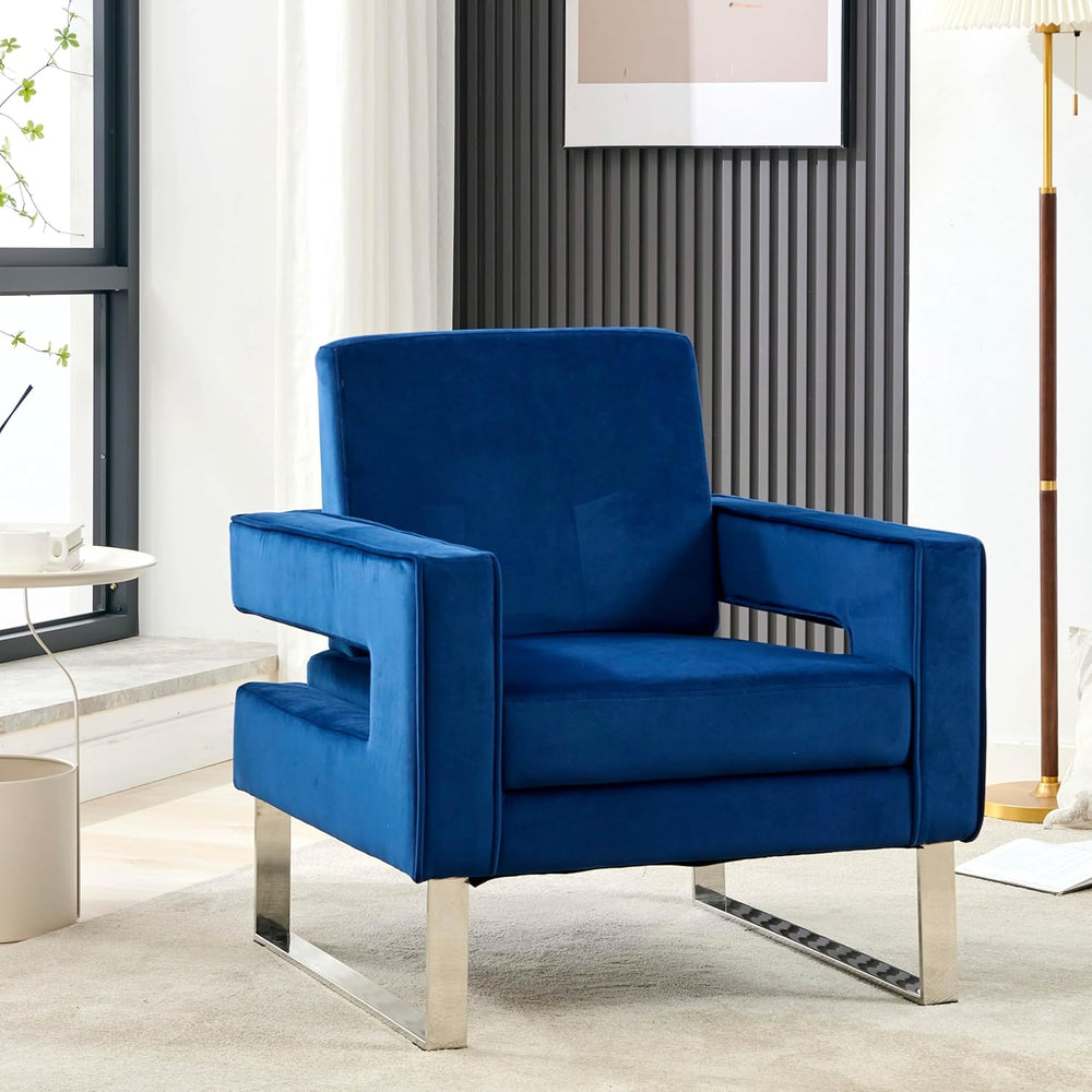 Velvet Accent Chair, Modern Armchair with Silver Base, Blue