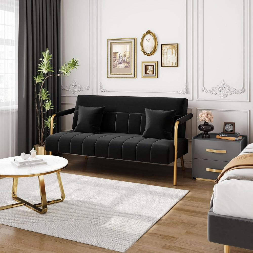 Yaheetech 56.5" Small Sofa 2 Seater Couch with Gold-Tone Legs, Black