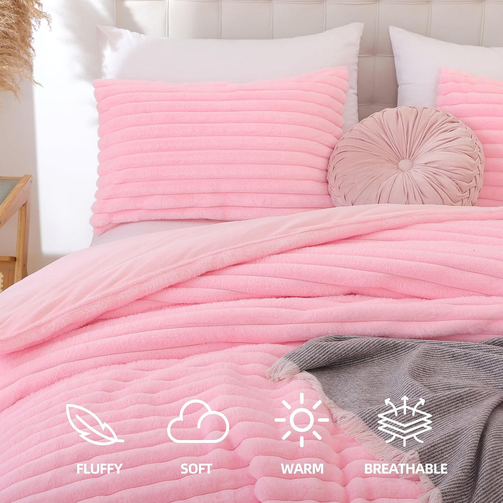 Smoofy Fluffy Queen Size Comforter 3 PCS - Pink Fleece Bedding Set