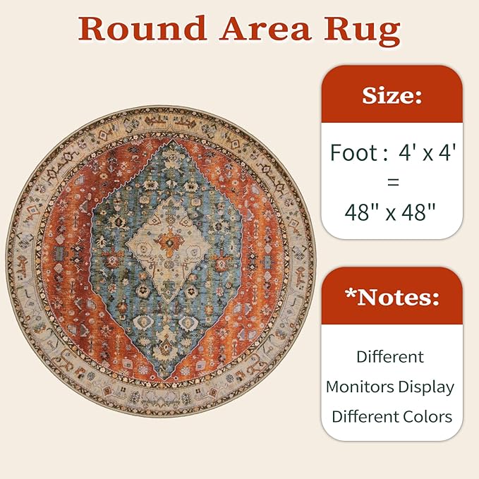 SERISSA Boho Round Area Rug, 4ft Washable Non-Slip Circle Rug, Ultra Soft - Image 6