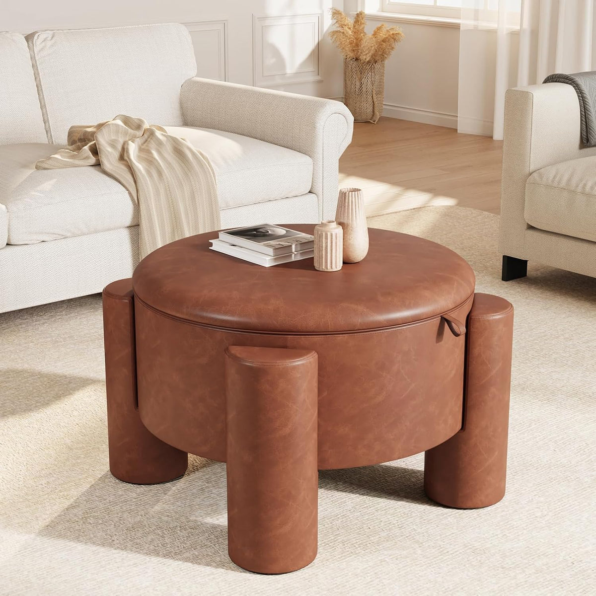 fivewillowise 24 inch small round ottoman with storage,faux, main product view