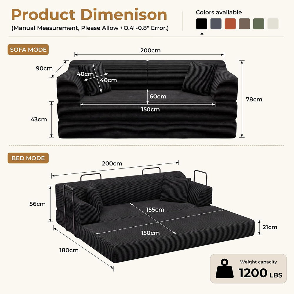 79" High‑Back Convertible Futon Sofa Bed, Boneless Couch for Living Room
