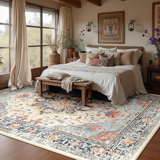 Area Rugs 8'x10' Washable Non-Slip, Floral Vintage Distress Print Pattern - Image 3