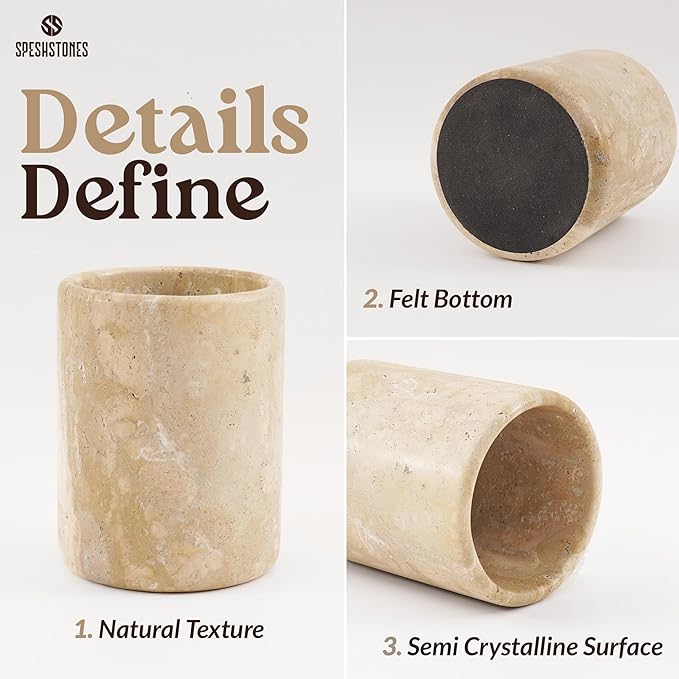 Marble Utensil Holder 6.5 Inch Travertine Utensil Caddy, Wooden Cooking