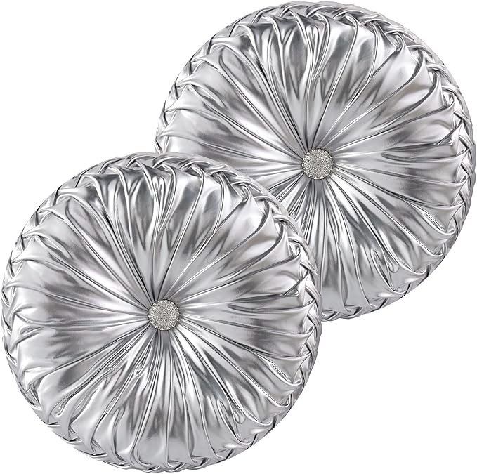 HIG Set of 2 Handcrafted Silver Ruched Round Throw Pillows – 14.5’’ Metallic - Image 2