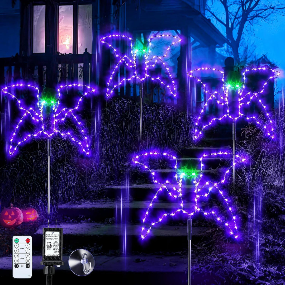 Enhon Halloween Lights Outdoor Decoration, 4 Pack Halloween Walkway Lights, 4 Light Modes Remote Control Timing Function Lighted Pathway Markers for Walkway Patio Garden Decor (Flying Bat)