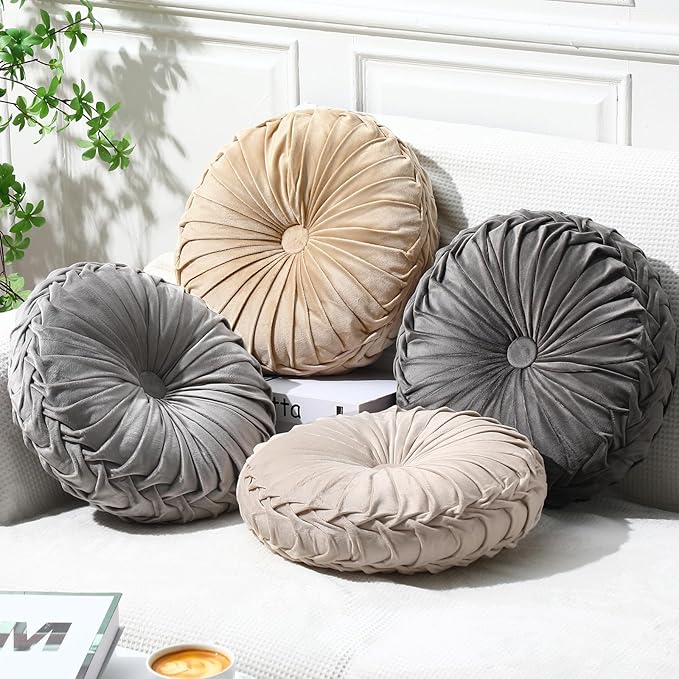 Kathfly Set of 4 Decorative Round Pleated Throw Pillows, Classy Velvet Pumpkin by Kathfly