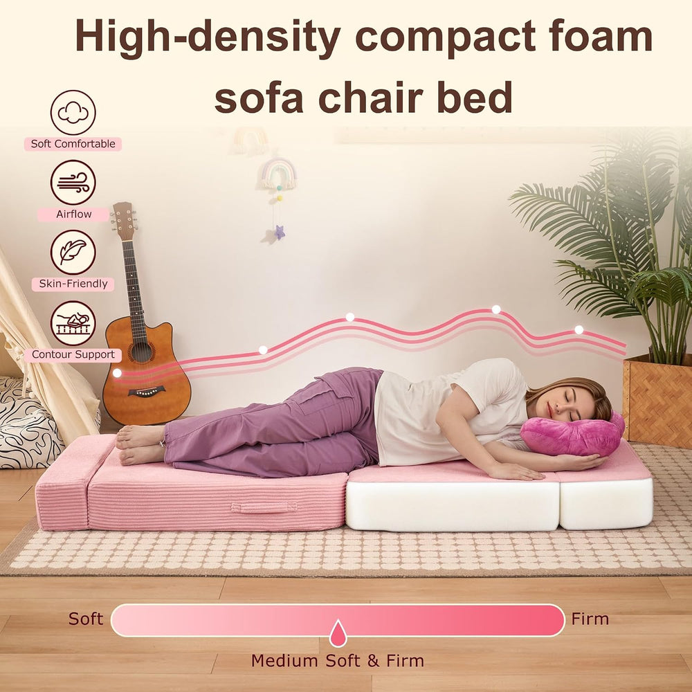 Folding Convertible Sofa Bed, Sleeper Chair for Guest, Single, Pink