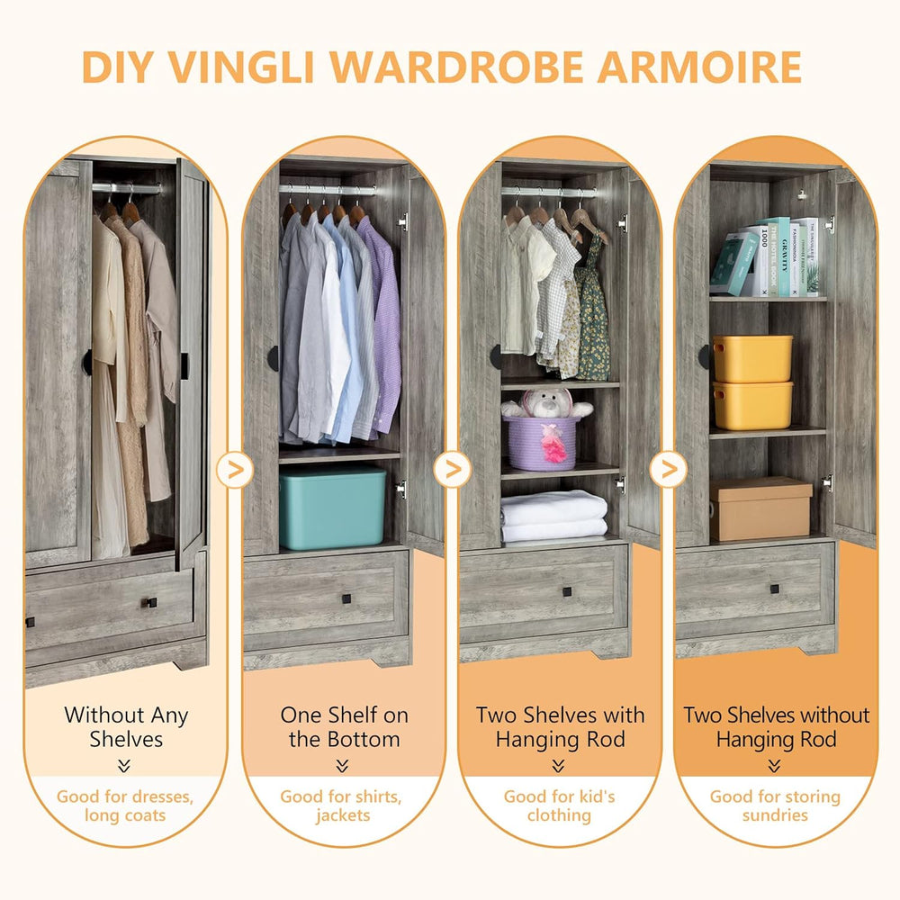VINGLI Wide Armoire Wardrobe Closet with Hanging Rod, Adjustable Shelves and ...