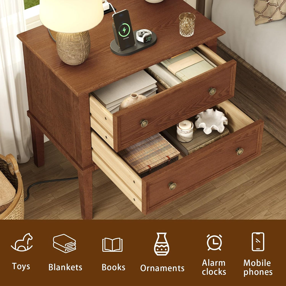 IKENO Solid Wood Nightstand with Charging Station, Farmhouse End Table with 2...