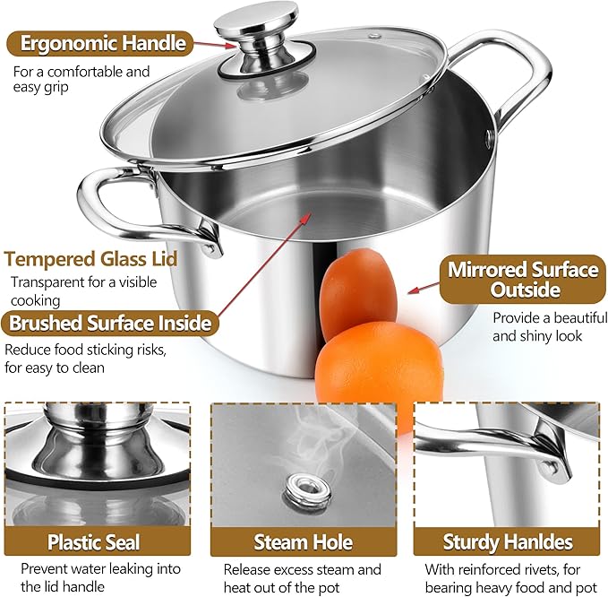 P&P CHEF 8 Quart Tri-Ply Stainless Steel Stock Pot, 8 Qt Stockpot Pasta Cooking - Image 3