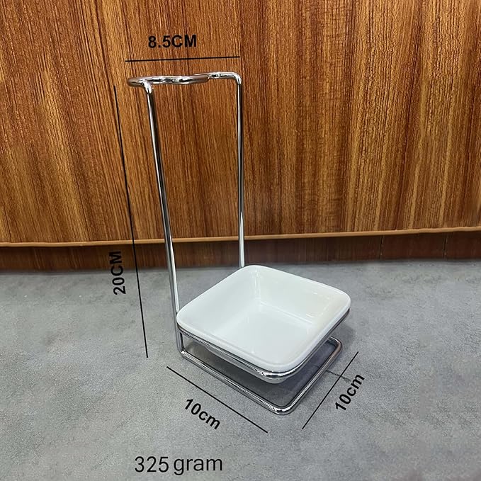 Steel Upright Ladle Holder Square White Ceramic Bowl Spoon Rest Rack Cooking - Image 3