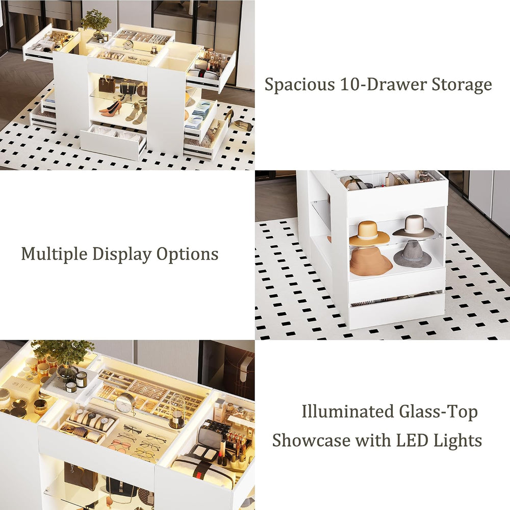Modern Closet Island with 10 Drawers with LED (White)