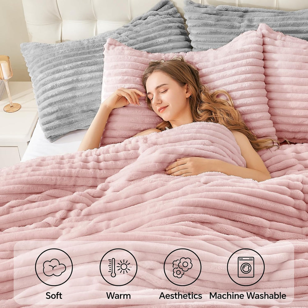 BEDELITE Fleece Queen Comforter Set, Fluffy Bed Set, Pink
