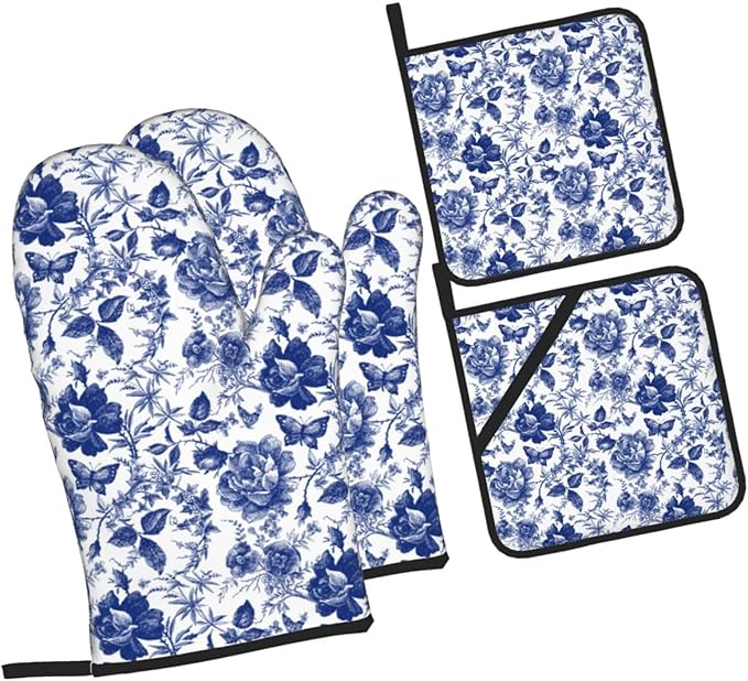 Blue and White Porcelain Floral Butterfly Oven Mitts and Pot Holders Set of 4 - Image 9