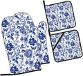 Blue and White Porcelain Floral Butterfly Oven Mitts and Pot Holders Set of 4 by Unknown