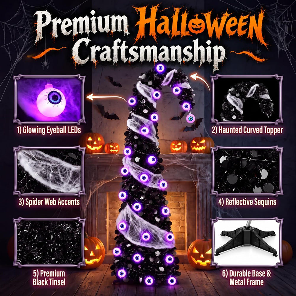 5FT Pop Up Halloween Tree with 35 Purple Eyeball Lights & Spider Web
