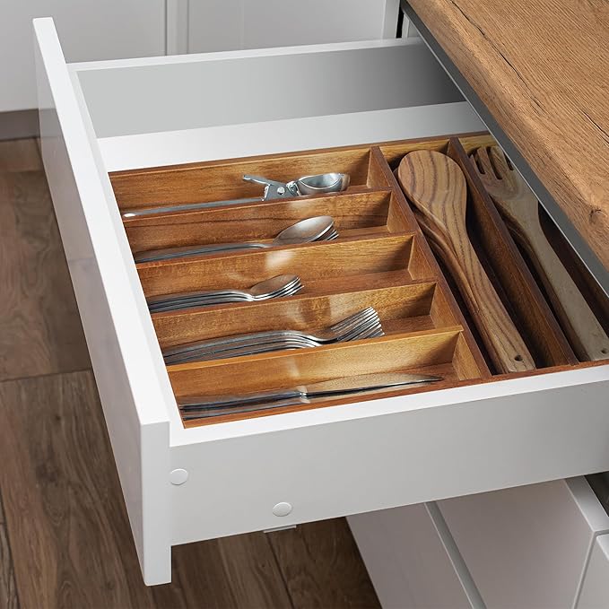 KITEISCAT Acacia Wood Silverware Organizer, Kitchen Utensil Drawer Organizer - Image 5