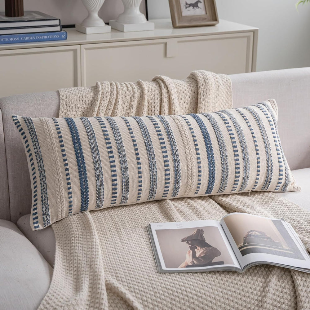 Cethom Blue Boho Lumbar Pillow Covers 14x36 Long, Stripe Textured Decorative ...