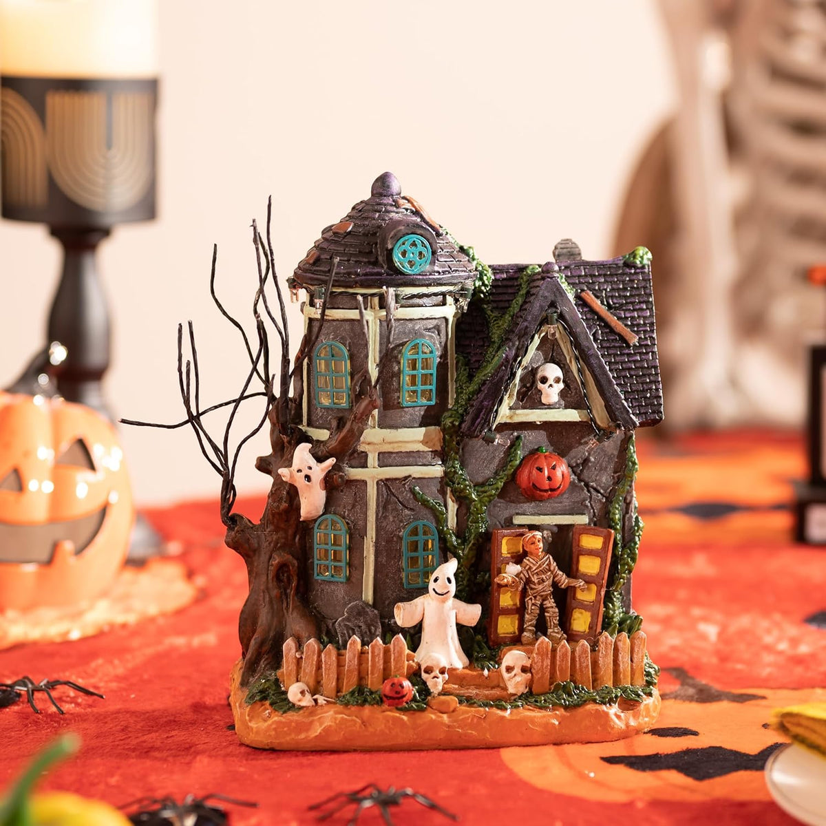 Valery Madelyn Halloween Decorations, Lighted Halloween Village Houses with Music and LED Lights, Resin Spooky Town Mummy's Haunted House for Home and Party Table Desk Mantel, 8 Inch