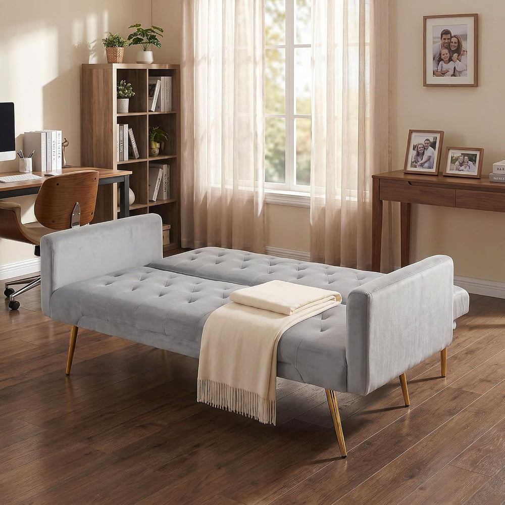 Futon Sofa Bed with Adjustable Backrest, Convertible Futon Couch with 2 Pillo...