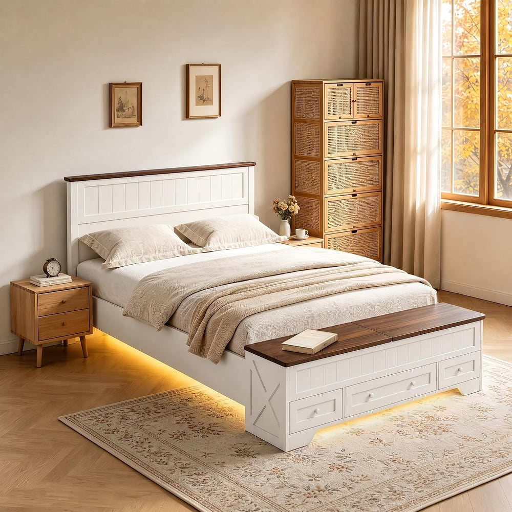 Farmhouse Queen Bed Frame with Headboard and Storage Bench (White)