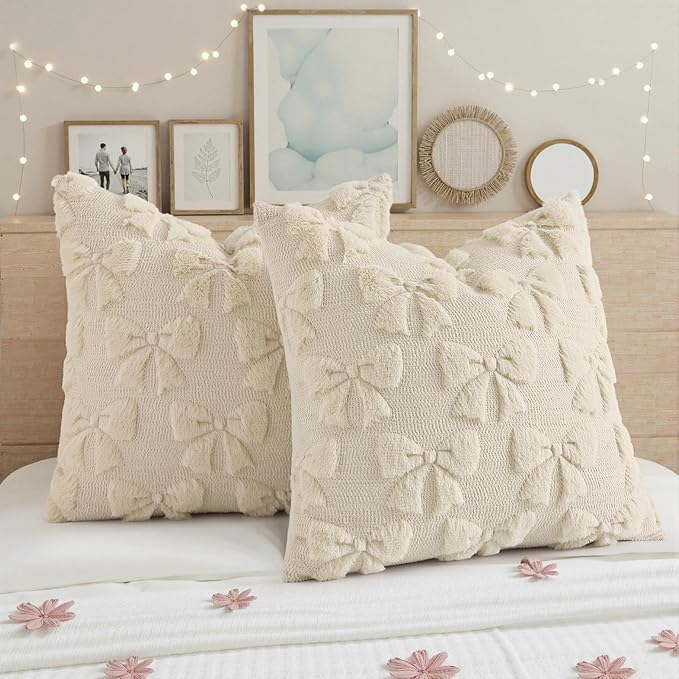 decorUhome Beige Bow Pillow Covers Set of 2 Coquette Aesthetic Cute Preppy - Image 5