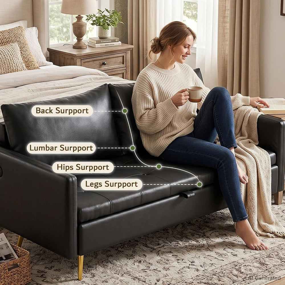 Mid Century Modern 60 In Black Loveseat Storage Sofa 2 Seat With USB Ports