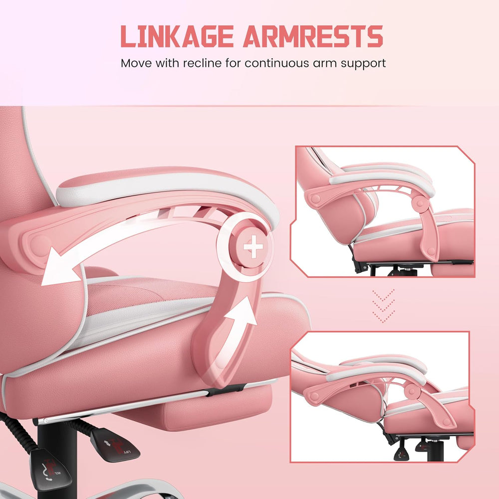 Yaheetech Gaming Chair with Footrest Massage Lumbar Pillow Pink and White