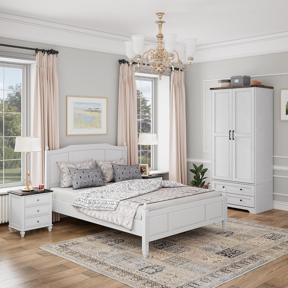Brafab Wooden Armoire Wardrobe Closet with Drawers, White, Set of 2