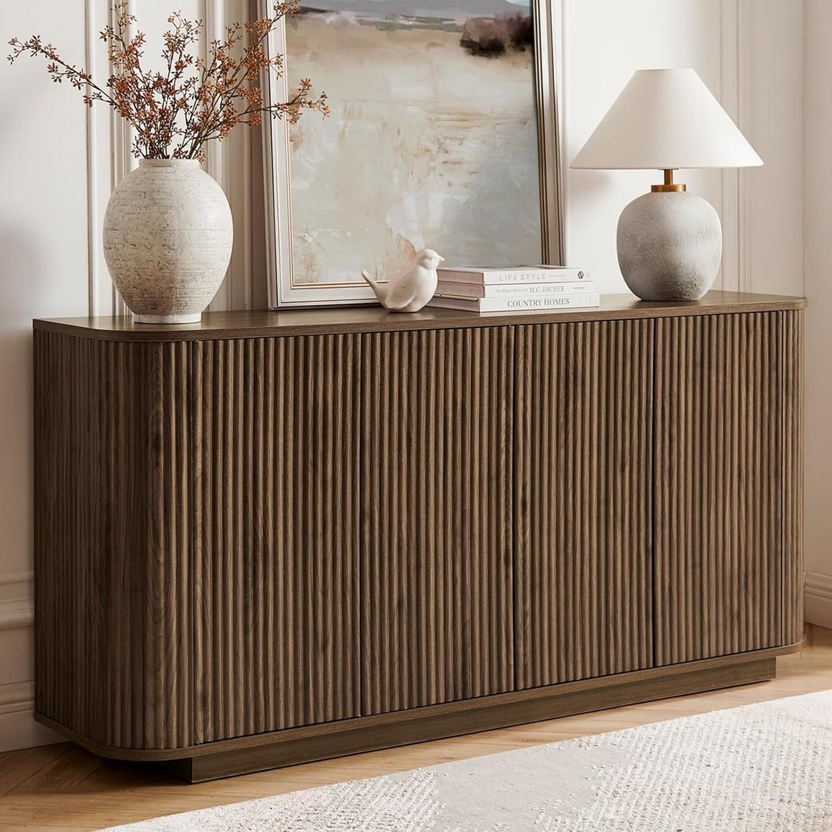 64" Sideboard Buffet Cabinet with Fluted Accent and Adjustable Shelves, Modern Wood Media Console Coffee Bar for Living Room, Kitchen or Dining Room, 64W x 31.5H Inches, Walnut