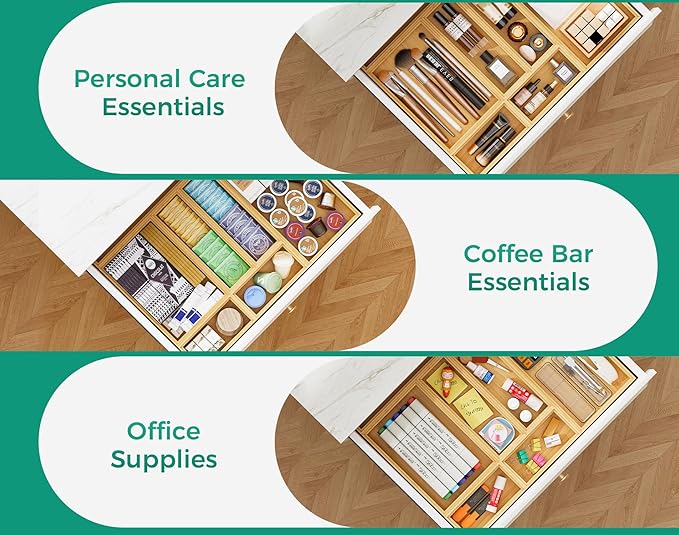 Bamboo Kitchen Drawer Organizer Set of 2, Stackable 15" x 6" Wood Silverware - Image 6