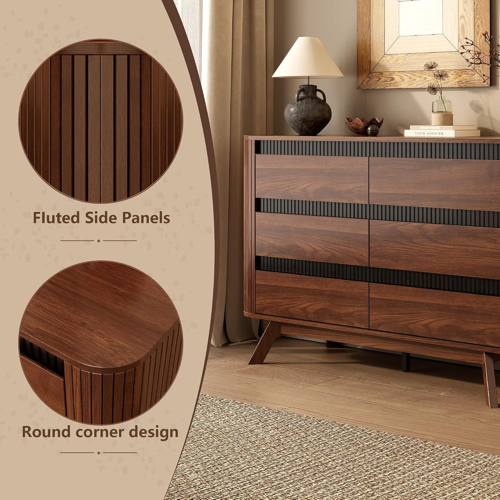 OURPIC Fluted 6 Drawer Dresser for Bedroom, 47W x 31H, Modern Walnut Brown