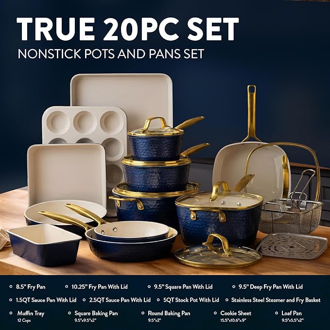 Gotham Steel Hammered 20Pcs Ceramic Cookware Set, Induction Pots and Pans Set