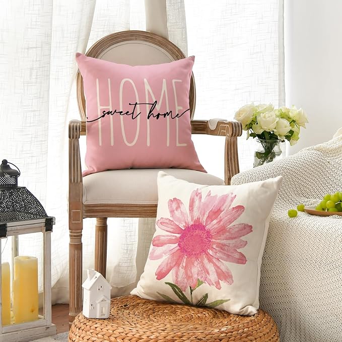 AVOIN colorlife Home Sweet Home Spring Summer Flowers Pink Throw Pillow Covers - Image 3
