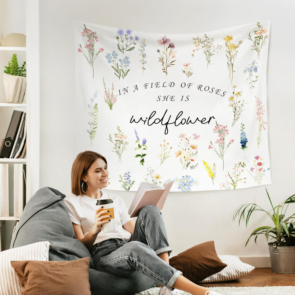 WARDOS Boho Floral Tapestry, in a Field of Roses She Is a Wildflower Tapestry Wall Hanging, Boho Wildflower Wall Blanket Decor for Baby Girls Room Toddler Nursery Bedroom, 50x60 Inch