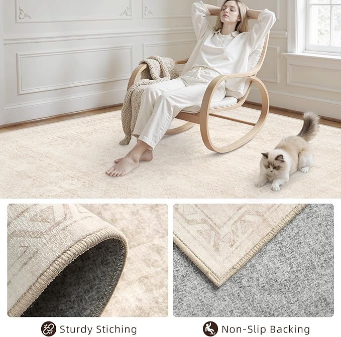 8x10 Area Rugs for Living Room: Vintage Boho Neutral Washable Rug Indoor Soft - Image 4