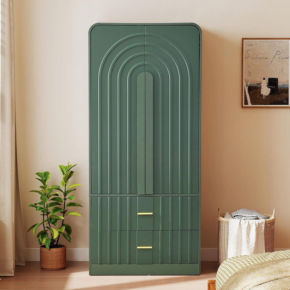 Freestanding Armoire Wardrobe Closet with Arched Fluted 2 Doors and 2 Storage...