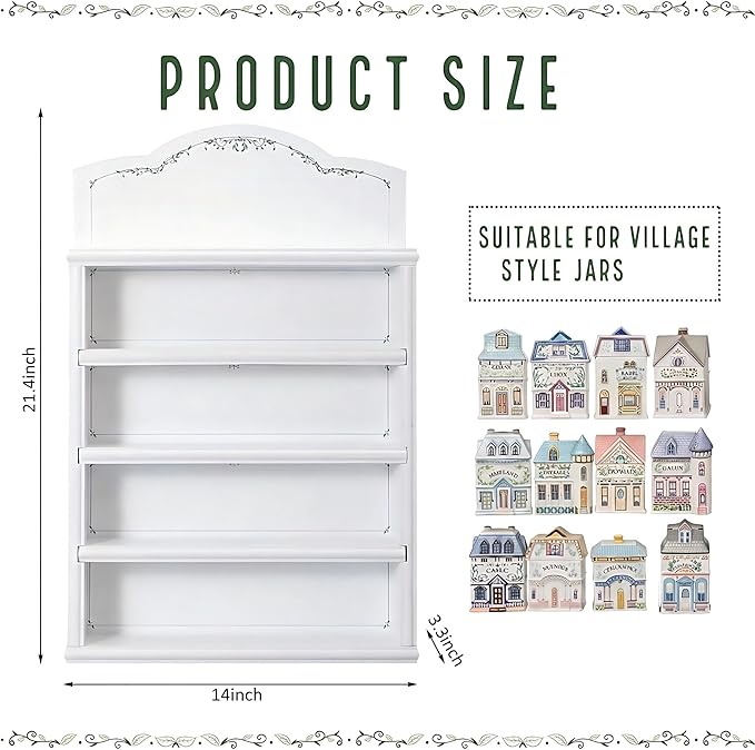 Chunful Vintage Spice Jar Wooden Rack Green White Vines Spice Shelf