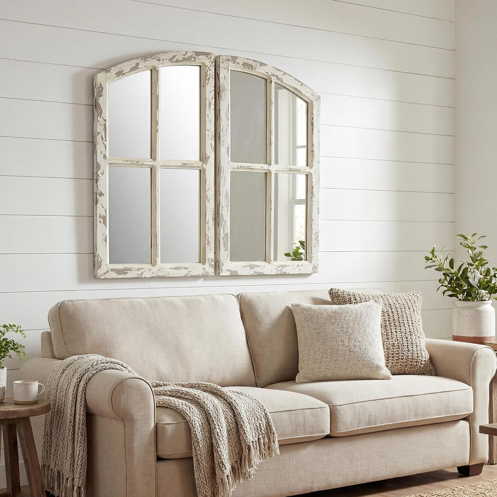 FLORA Farmhouse Mirror, Decoration Wood Arch Window Wall Mounted Mirror