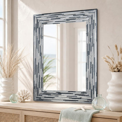 Head West 24"x30" Reeded Tiled Grey Mosaic Accent Vanity Mirror for Bathroom Wall, Printed Glass Rectangle Vanity Bathroom Mirror for Over Sink, Bedroom, & Living Room