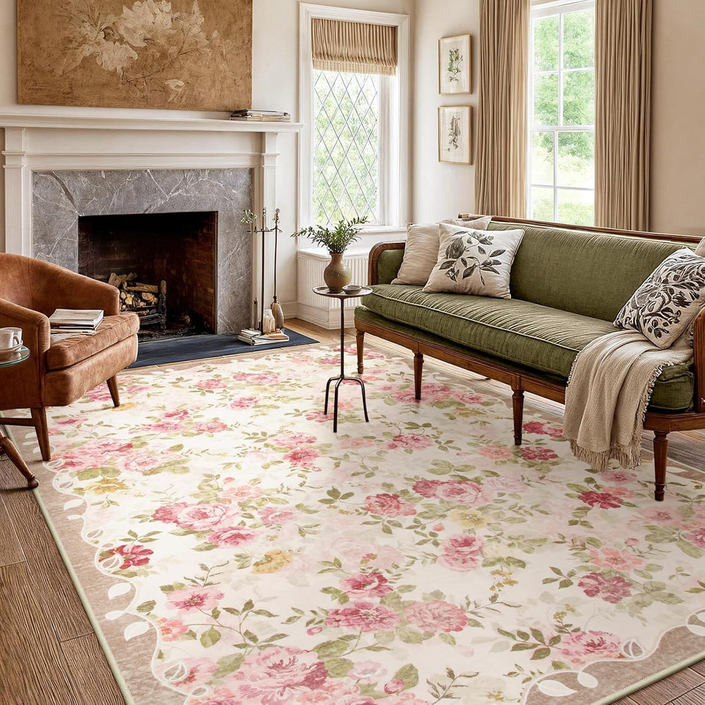 Lahome Floral Washable Rugs 5x7,Pink Vintage Rugs for Bedroom Girls