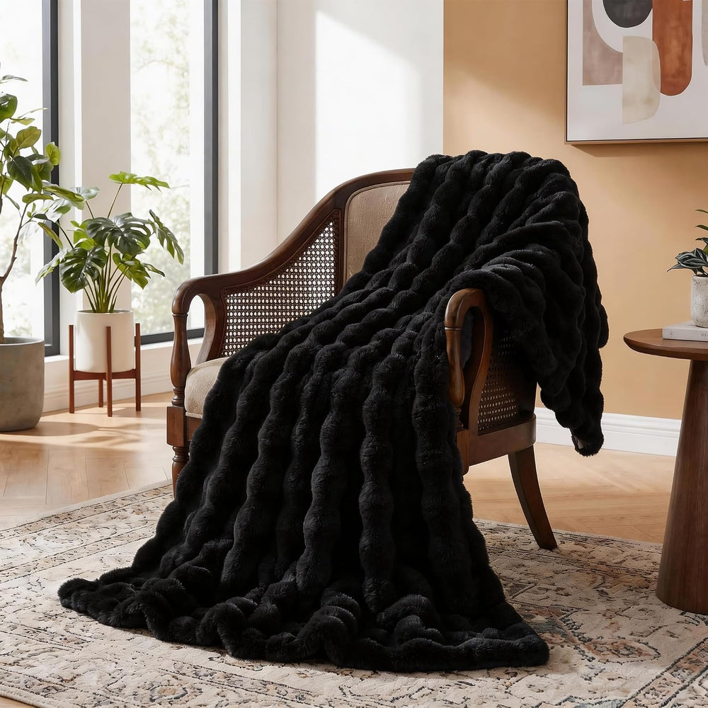 Black Fluffy Thick Fur Throw Blanket 50x60 for Bed Couch Office Chair Bunny S...