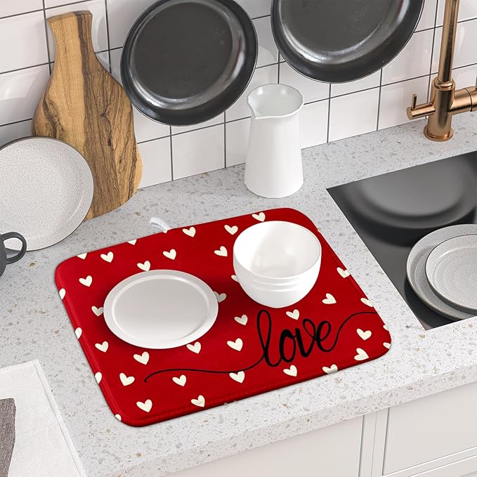 Giwawa Red Hearts Dish Drying Mat 16"x18", Valentines Day Symbol of Love Dish - Image 6