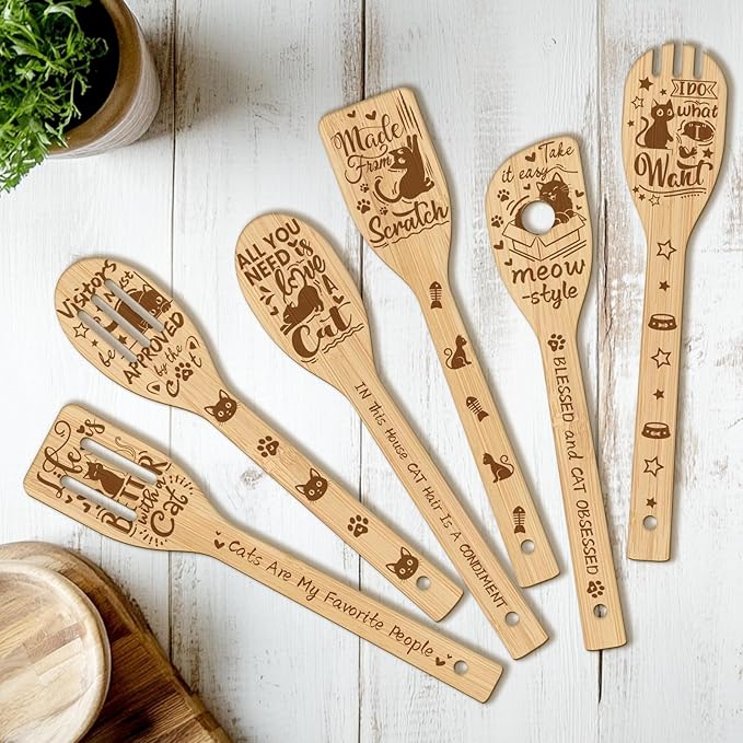 CUTHOLLOW 6PCS Cartoon Cats Wooden Kitchen Cooking Utensil Set, 11.9in Non by CUTHOLLOW
