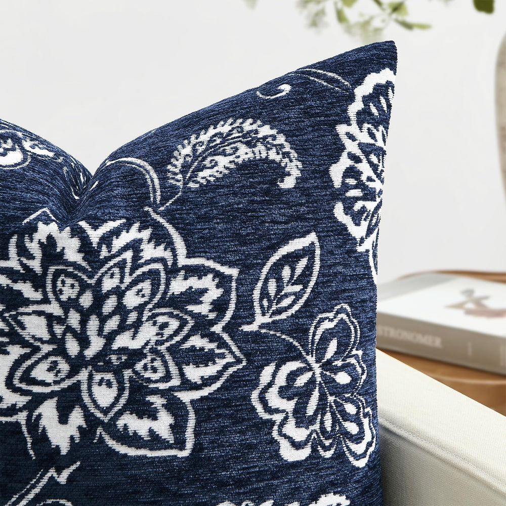 Set of 2 Chenille Floral Pillow Covers 20x20 Inch Navy Blue
