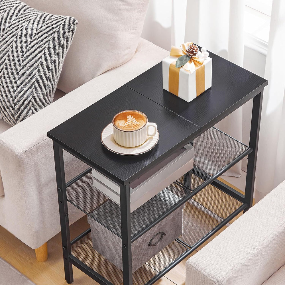 HOOBRO Black Side Table, 3-Tier Metal Side Table, Small Black Table with 2 Fl...