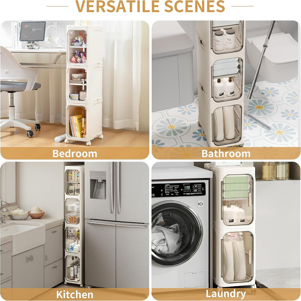 3-Tier Slim Narrow Bathroom Storage Cabinet, Cream White | Tool Free Assembly...