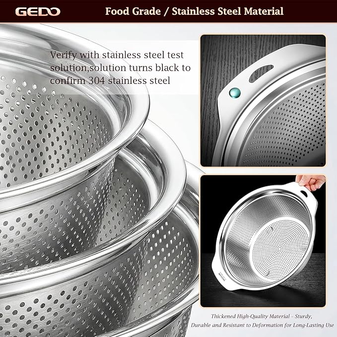 GEDO 304 Stainless Steel Colander Set, 3 Pack Kitchen Food Strainer - Image 4